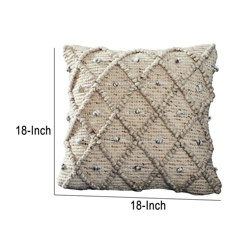 18 Inch Decorative Throw Pillow Cover, Beaded Diamond Design, Beige Fabric By Casagear Home