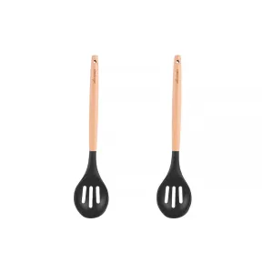 2-Piece Beechwood & Silicone Slotted Spoon Set | Charcoal