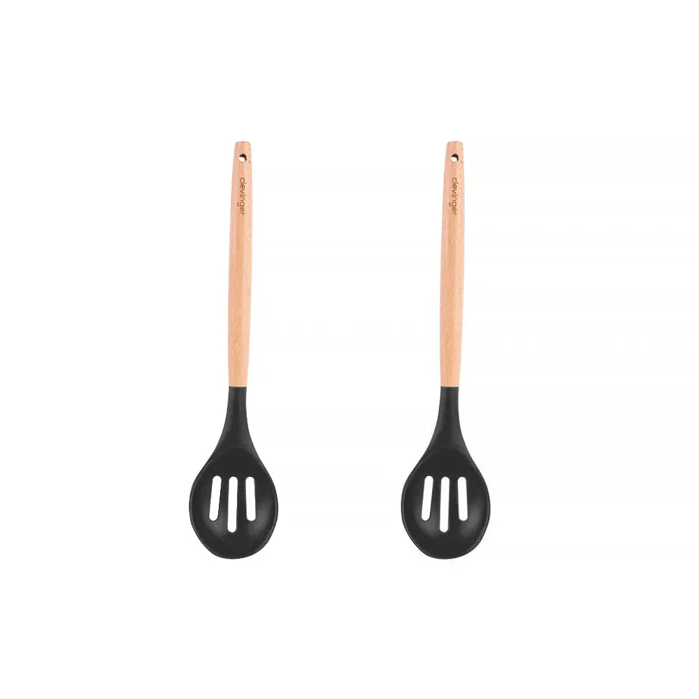 2-Piece Beechwood & Silicone Slotted Spoon Set | Charcoal