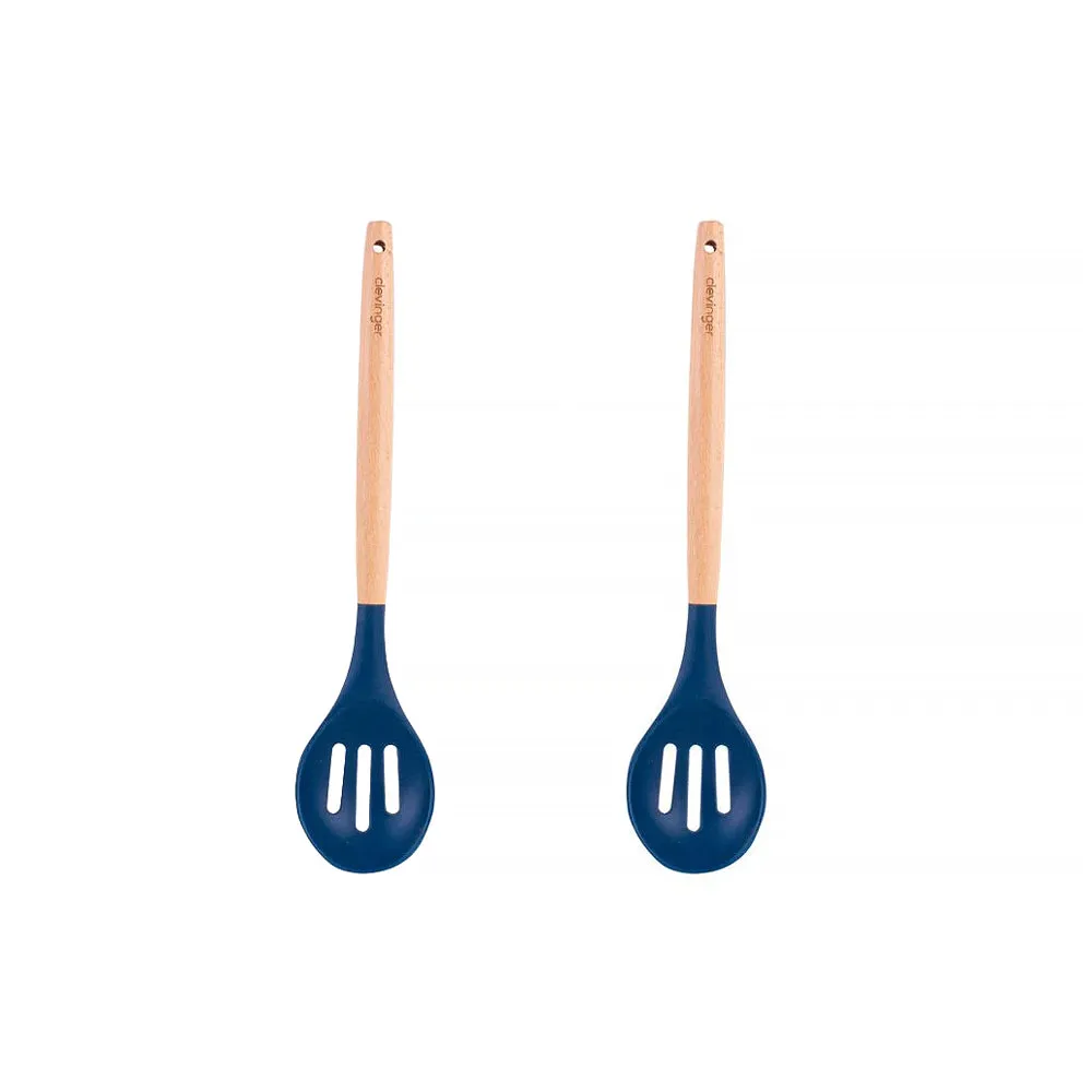 2-Piece Beechwood & Silicone Slotted Spoon Set | Navy