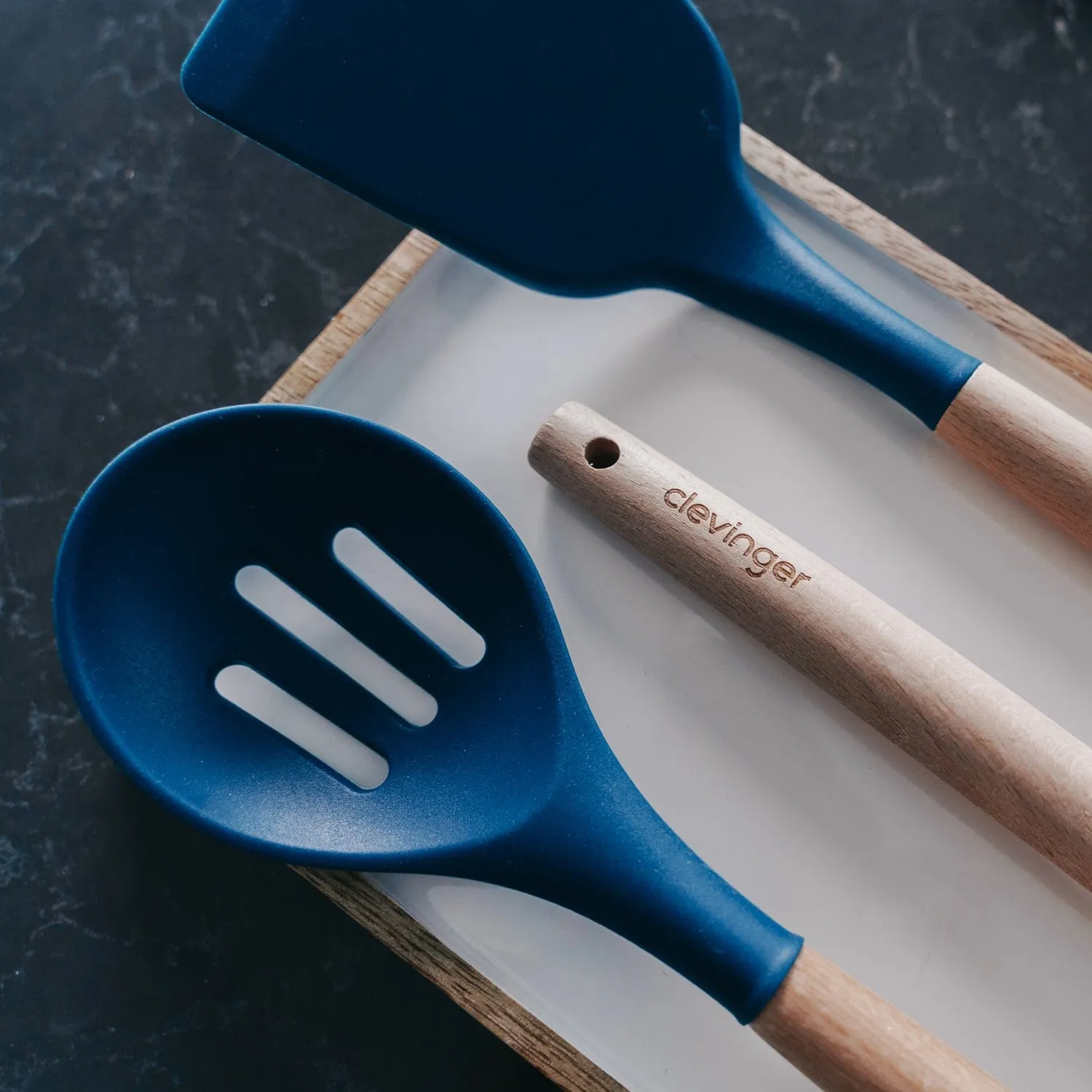 2-Piece Beechwood & Silicone Slotted Spoon Set | Navy