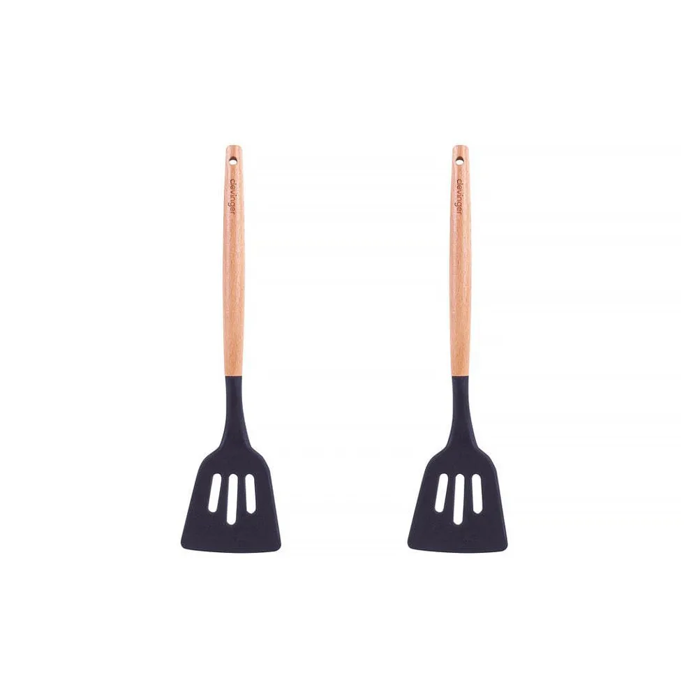 2-Piece Beechwood & Silicone Slotted Turner Set | Charcoal
