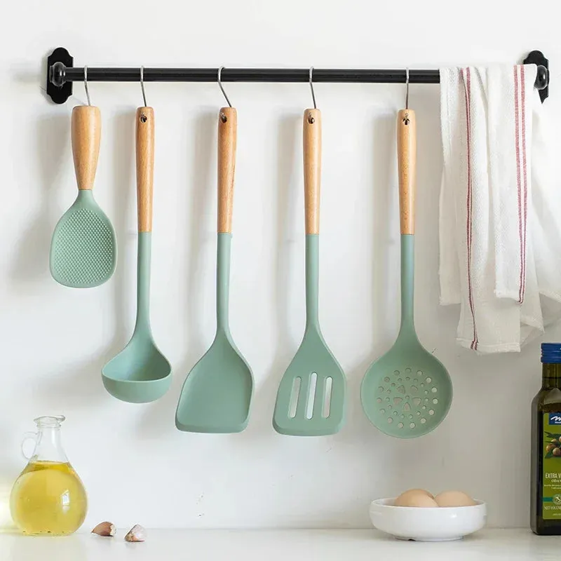 5 Piece Silicone Kitchen Utensil Set With Wooden Handles