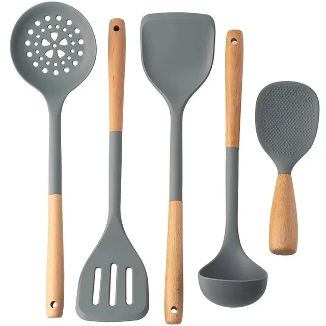 5 Piece Silicone Kitchen Utensil Set With Wooden Handles