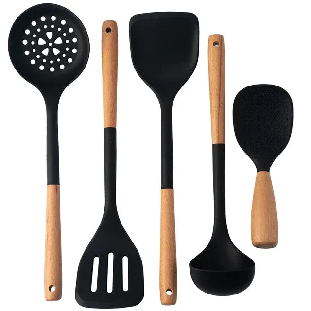 5 Piece Silicone Kitchen Utensil Set With Wooden Handles