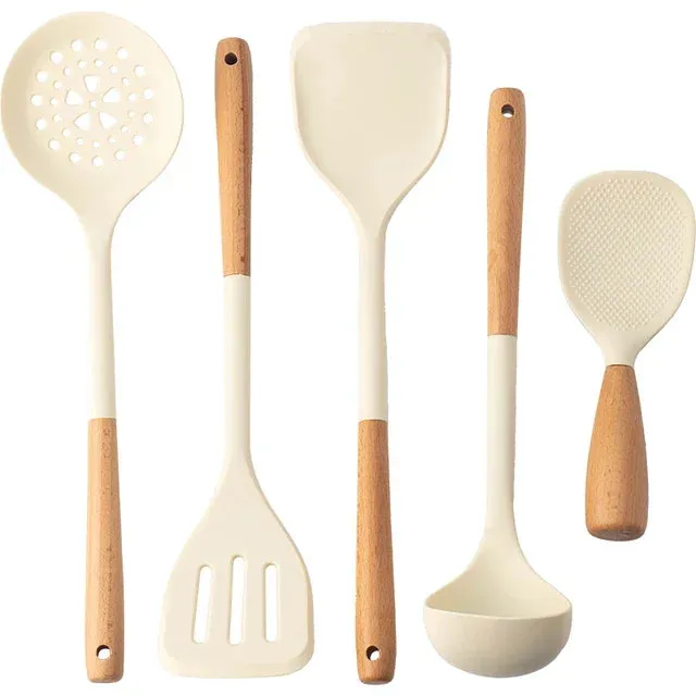 5 Piece Silicone Kitchen Utensil Set With Wooden Handles