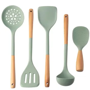 5 Piece Silicone Kitchen Utensil Set With Wooden Handles