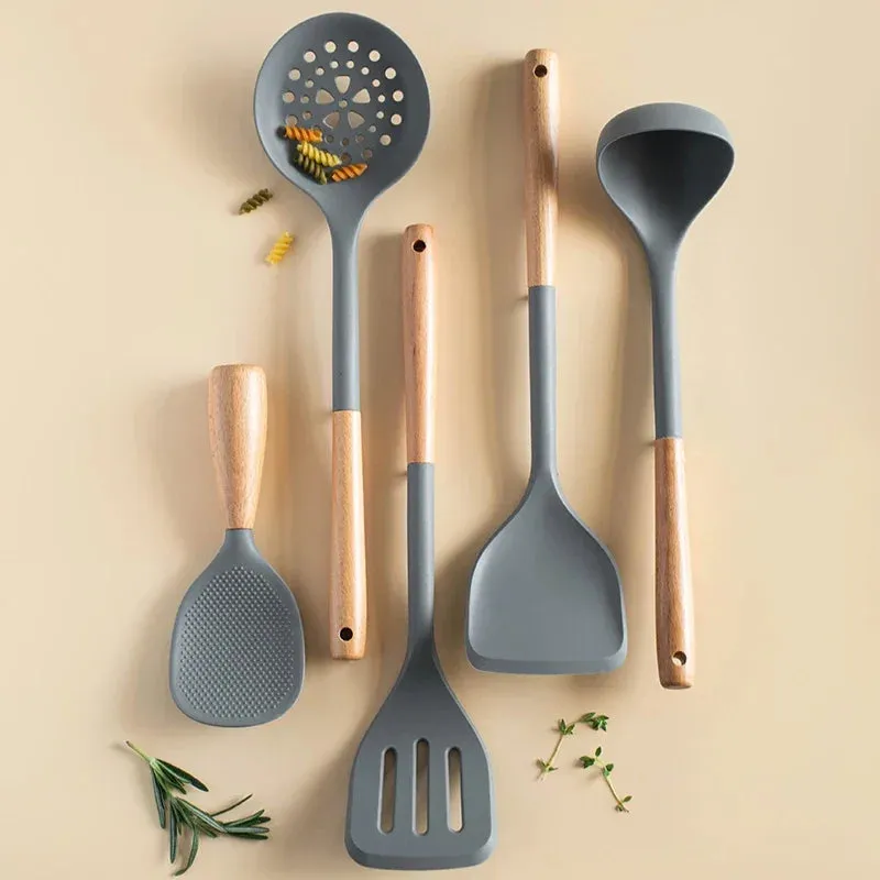 5 Piece Silicone Kitchen Utensil Set With Wooden Handles