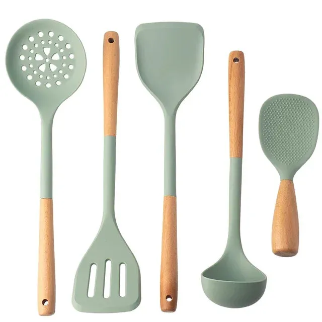 5 Piece Silicone Kitchen Utensil Set With Wooden Handles