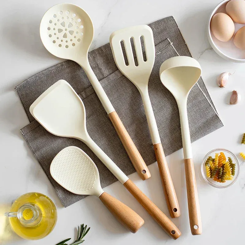 5 Piece Silicone Kitchen Utensil Set With Wooden Handles