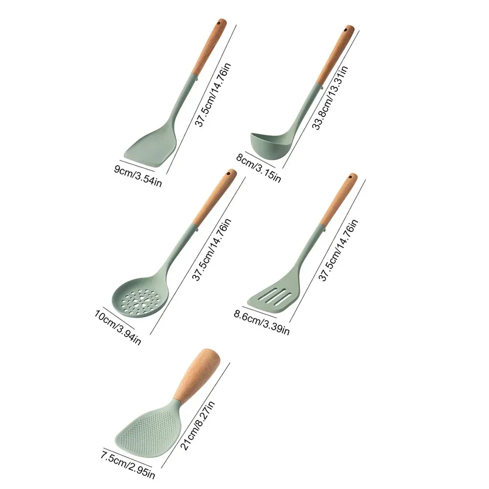 5 Piece Silicone Kitchen Utensil Set With Wooden Handles