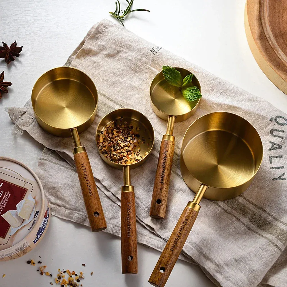 8 Piece Gold Stainless Steel Measuring Set With Wooden Handles