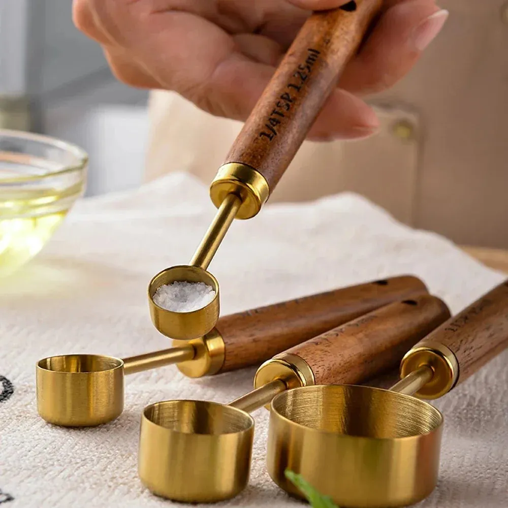 8 Piece Gold Stainless Steel Measuring Set With Wooden Handles