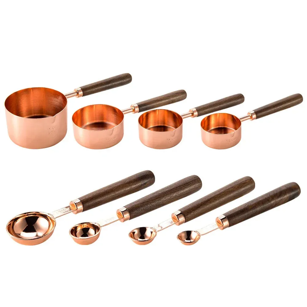 8 Piece Gold Stainless Steel Measuring Set With Wooden Handles