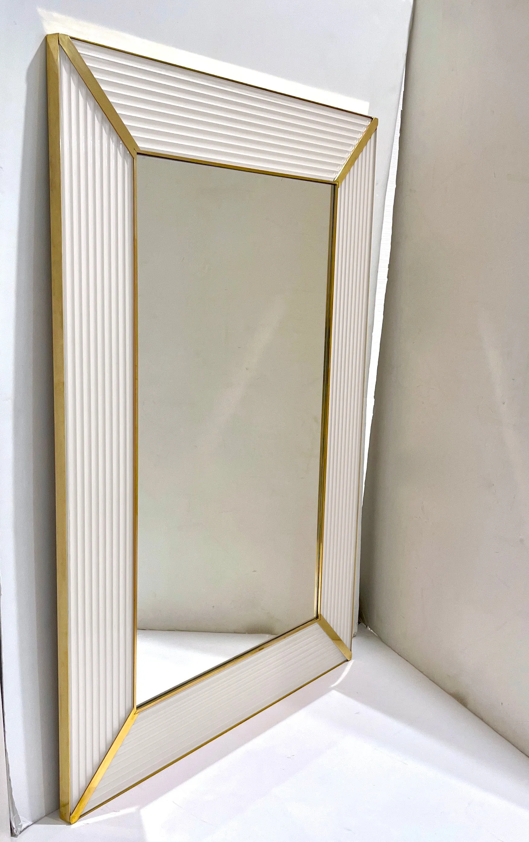 Bespoke Italian Art Deco Design Iridescent White Murano Glass Brass Mirror