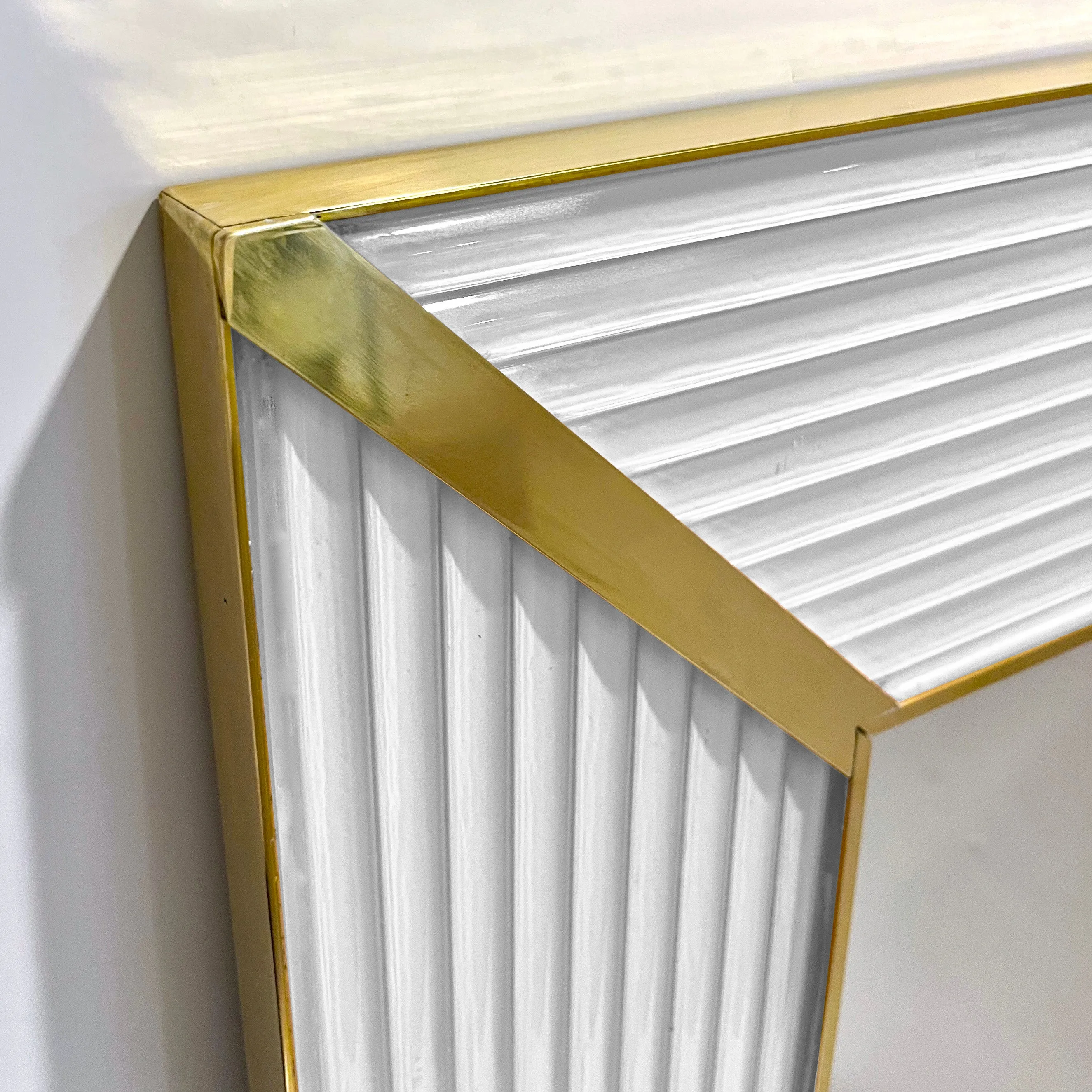 Bespoke Italian Art Deco Design Iridescent White Murano Glass Brass Mirror