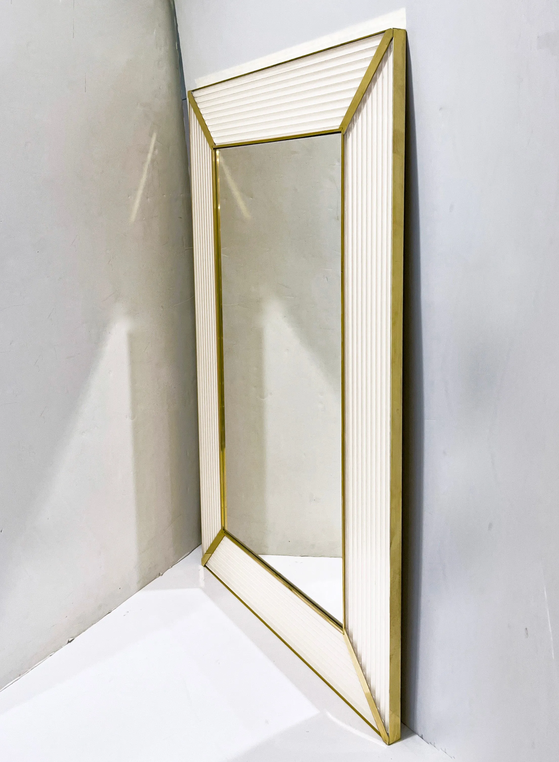 Bespoke Italian Art Deco Design Iridescent White Murano Glass Brass Mirror