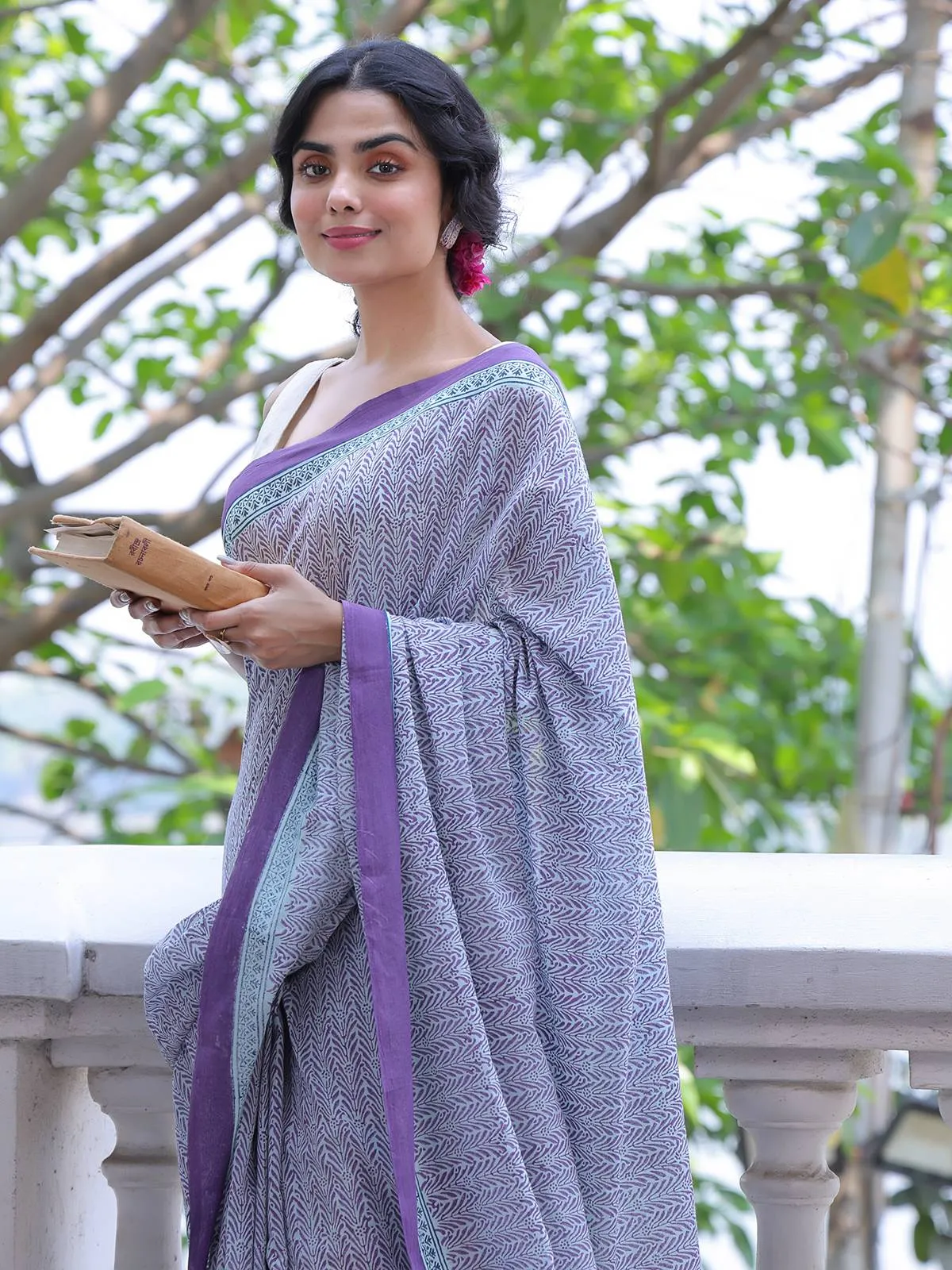 Blue & Purple Handwoven And Hand Block Printed Cotton Saree