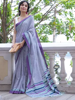 Blue & Purple Handwoven And Hand Block Printed Cotton Saree