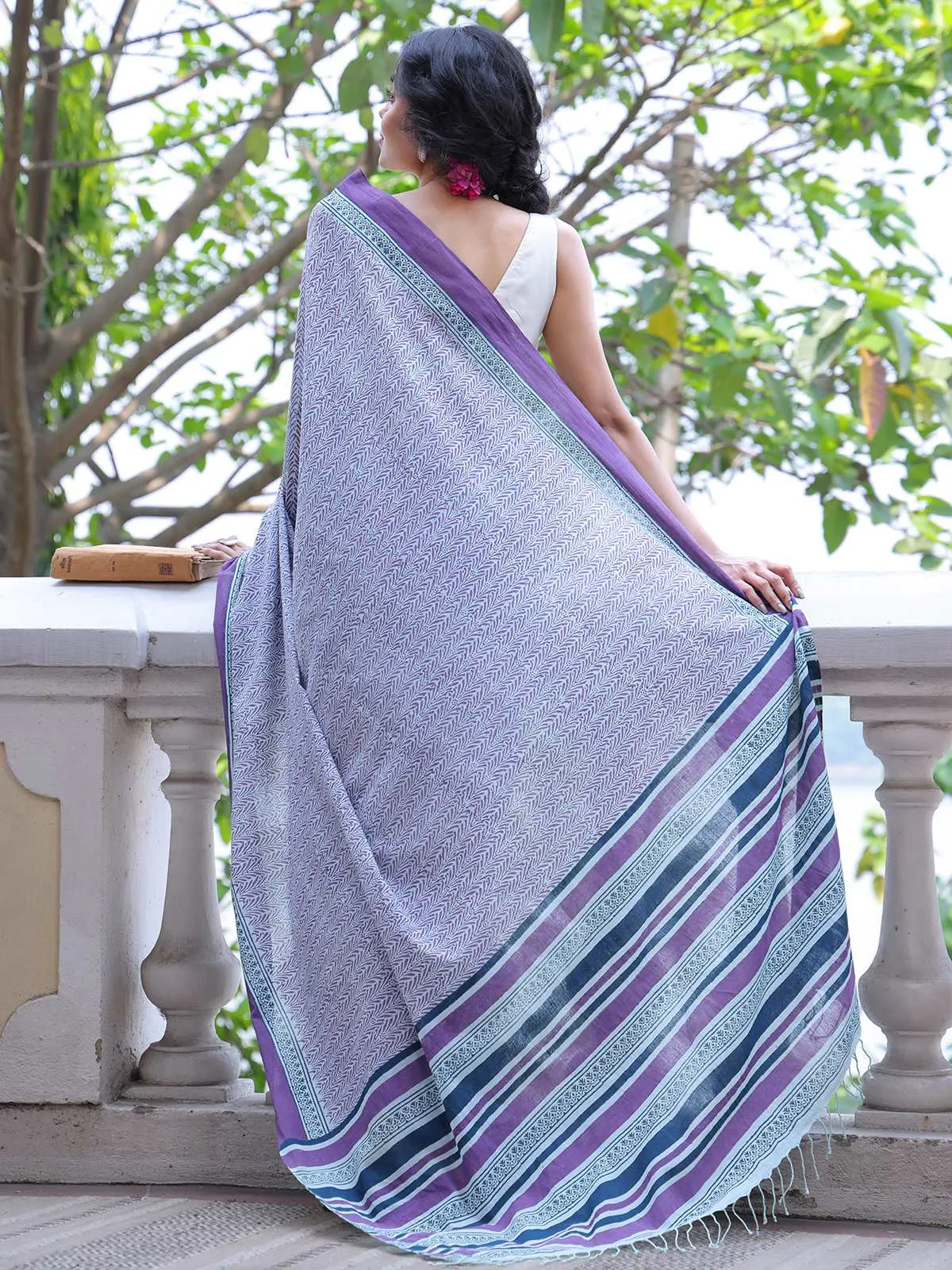Blue & Purple Handwoven And Hand Block Printed Cotton Saree