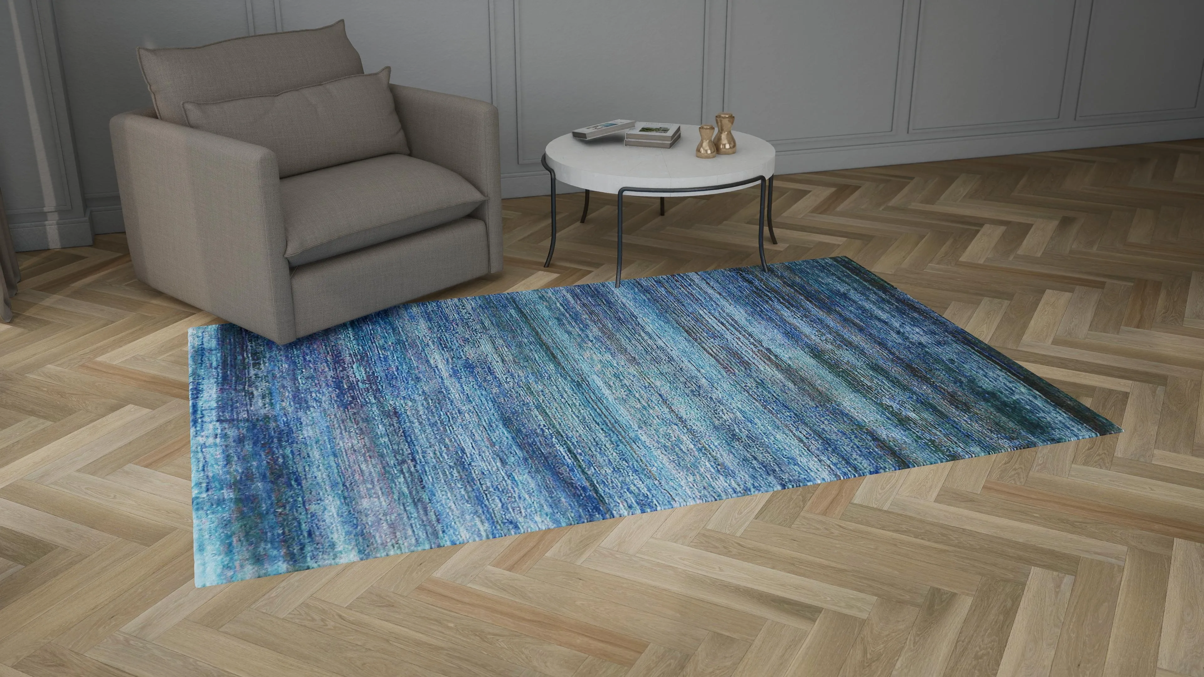 Blue Sabideh Nu Vibrant Modern Wool Silk Blend Tibetan Rug - 6' x 9'2"