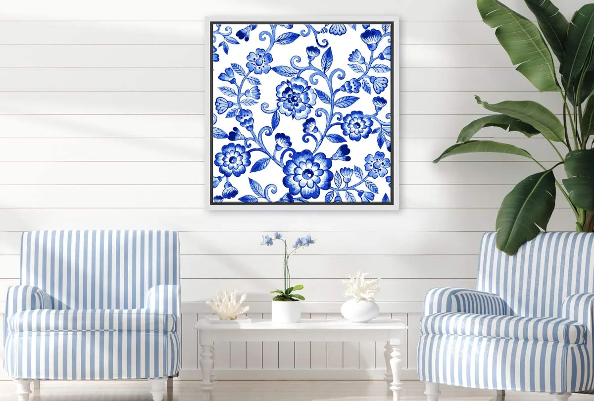 Blue White Flower Pattern | Hamptons Canvas Wall Art Print