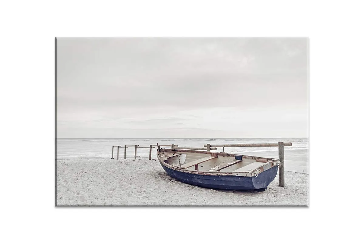 Blue Wooden Boat on Beach | Canvas Wall Art Print