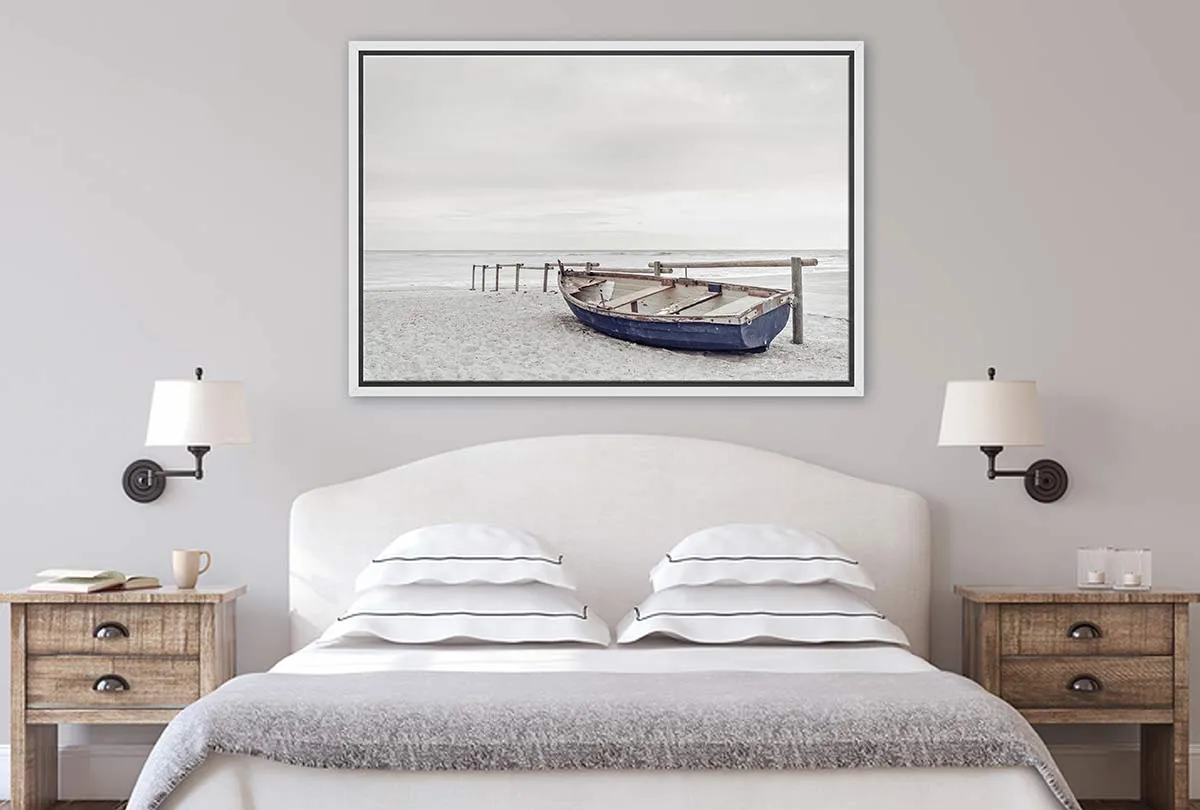 Blue Wooden Boat on Beach | Canvas Wall Art Print