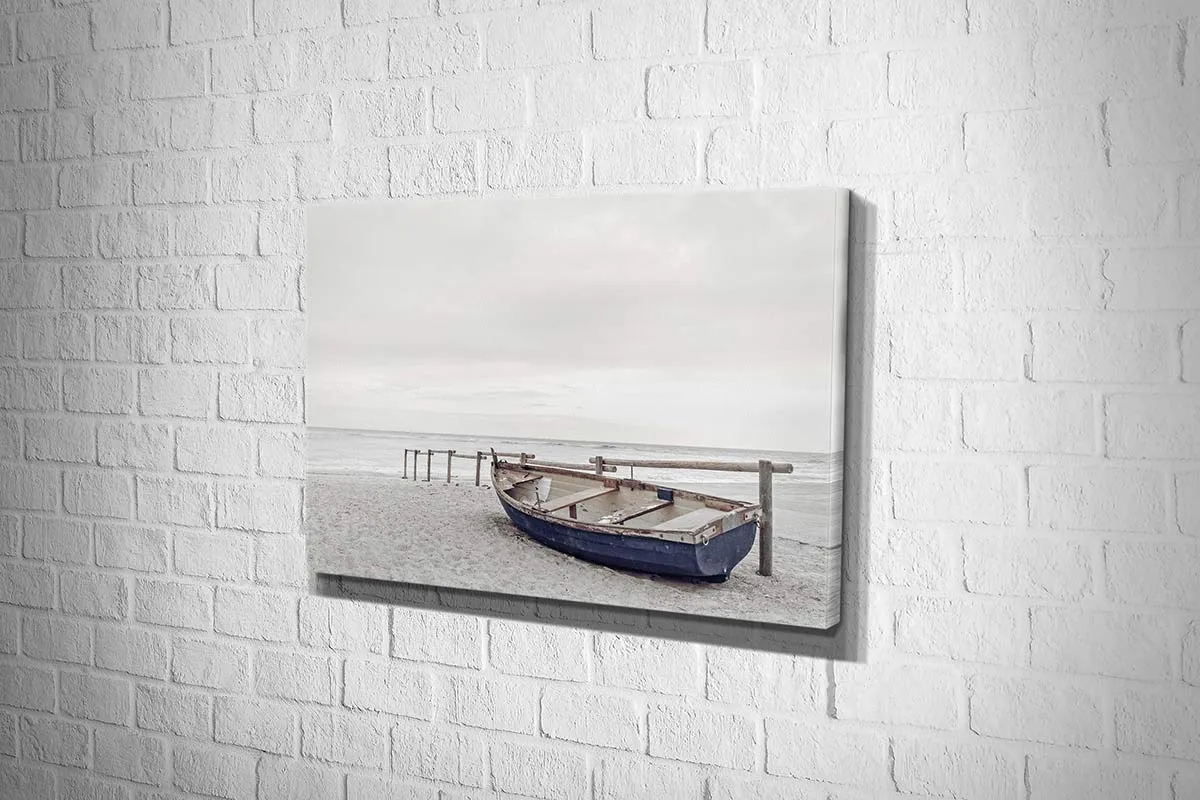 Blue Wooden Boat on Beach | Canvas Wall Art Print
