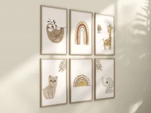 Boho Animal Set of 6 Nursery Art Prints, Bohemian Nursery Wall Art, Neutral Nursery Decor, Earthy Tone, Play Room, Girl Baby Room Ideas, 057