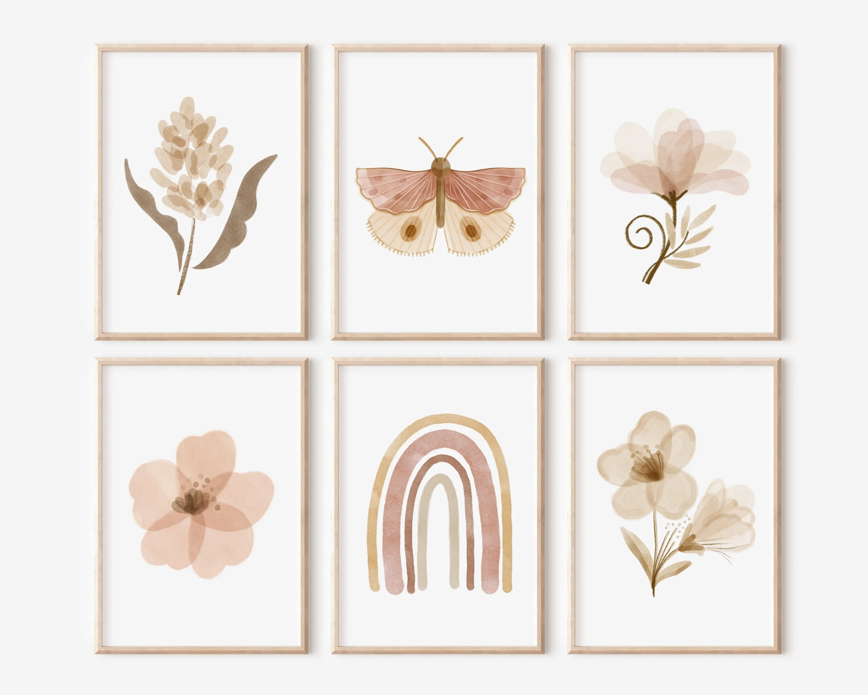 Boho Butterfly Floral Set of 6 Nursery Art Prints, Rainbow Nursery Wall Art, Neutral Nursery Decor, Play Room, Girl Baby Room Ideas