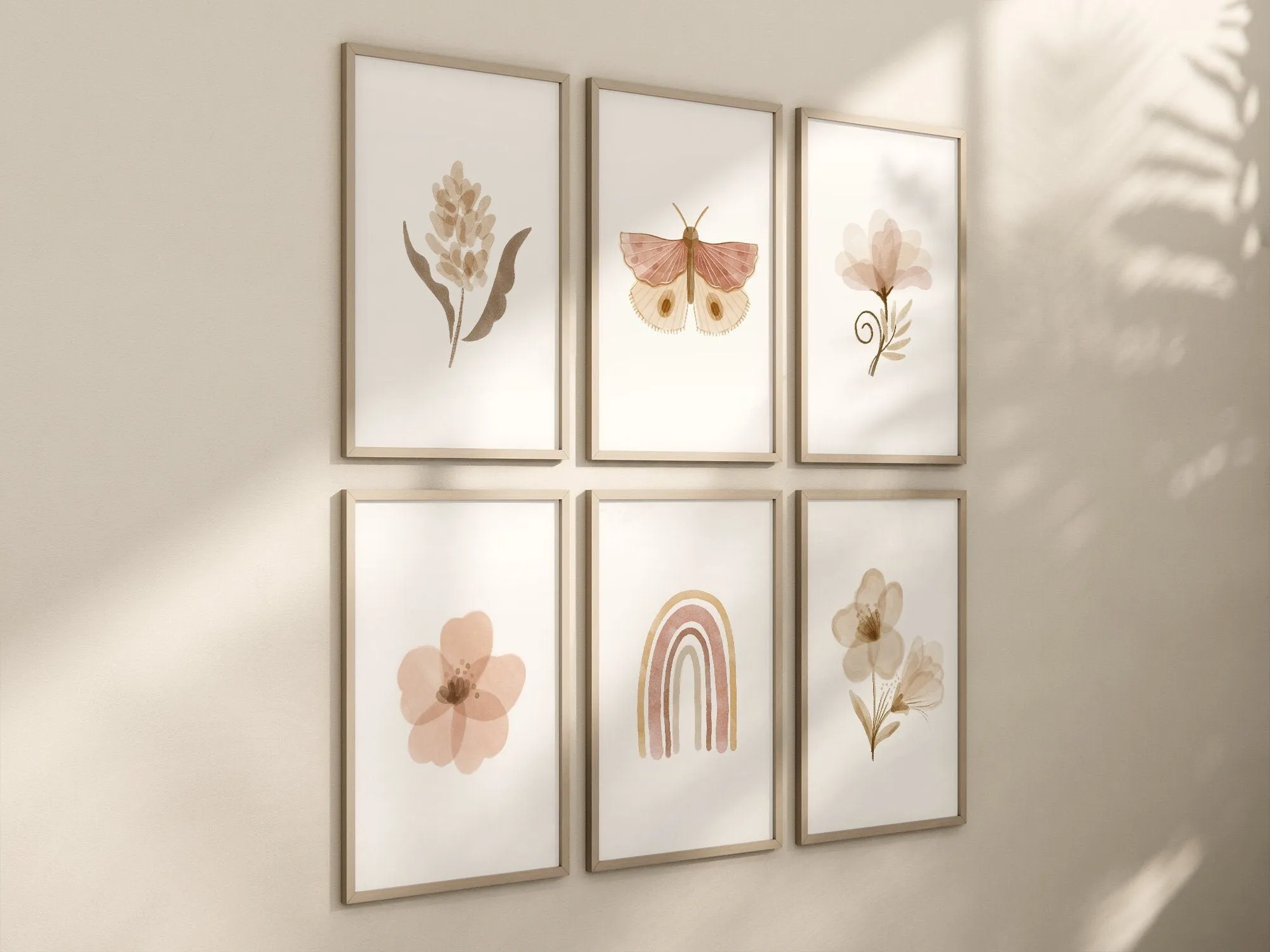 Boho Butterfly Floral Set of 6 Nursery Art Prints, Rainbow Nursery Wall Art, Neutral Nursery Decor, Play Room, Girl Baby Room Ideas