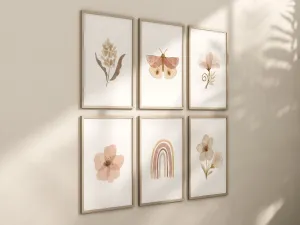 Boho Butterfly Floral Set of 6 Nursery Art Prints, Rainbow Nursery Wall Art, Neutral Nursery Decor, Play Room, Girl Baby Room Ideas