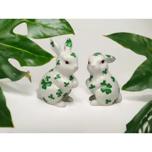 Ceramic Irish Easter Bunny Salt and Pepper Shakers Shamrock Pattern