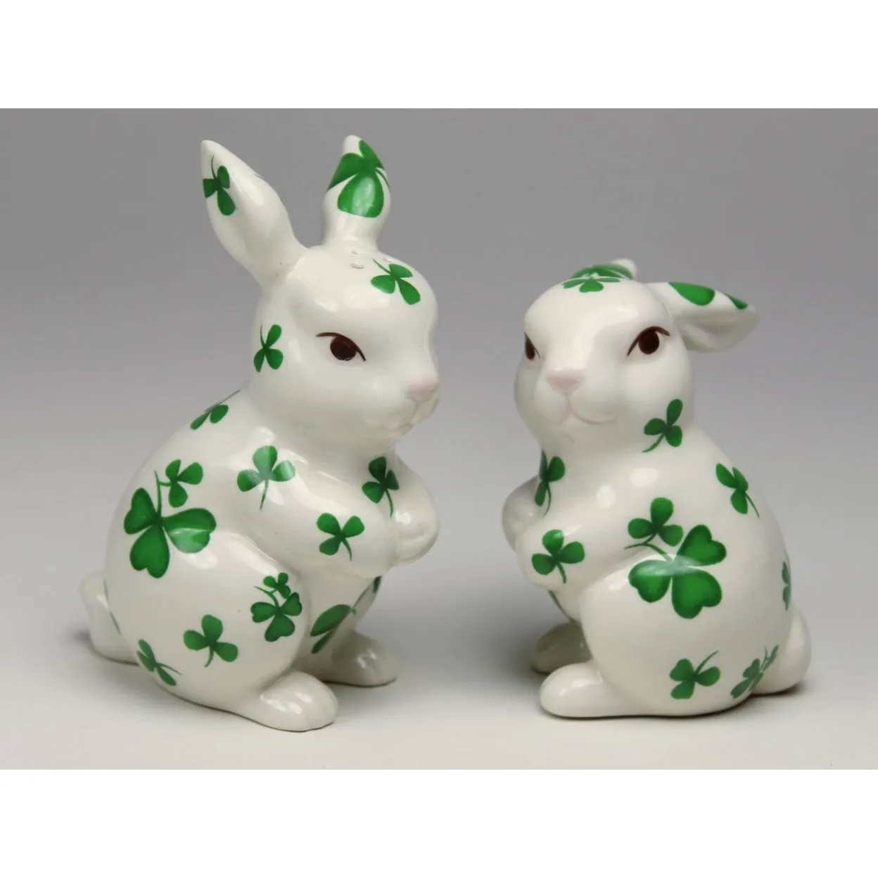 Ceramic Irish Easter Bunny Salt and Pepper Shakers Shamrock Pattern