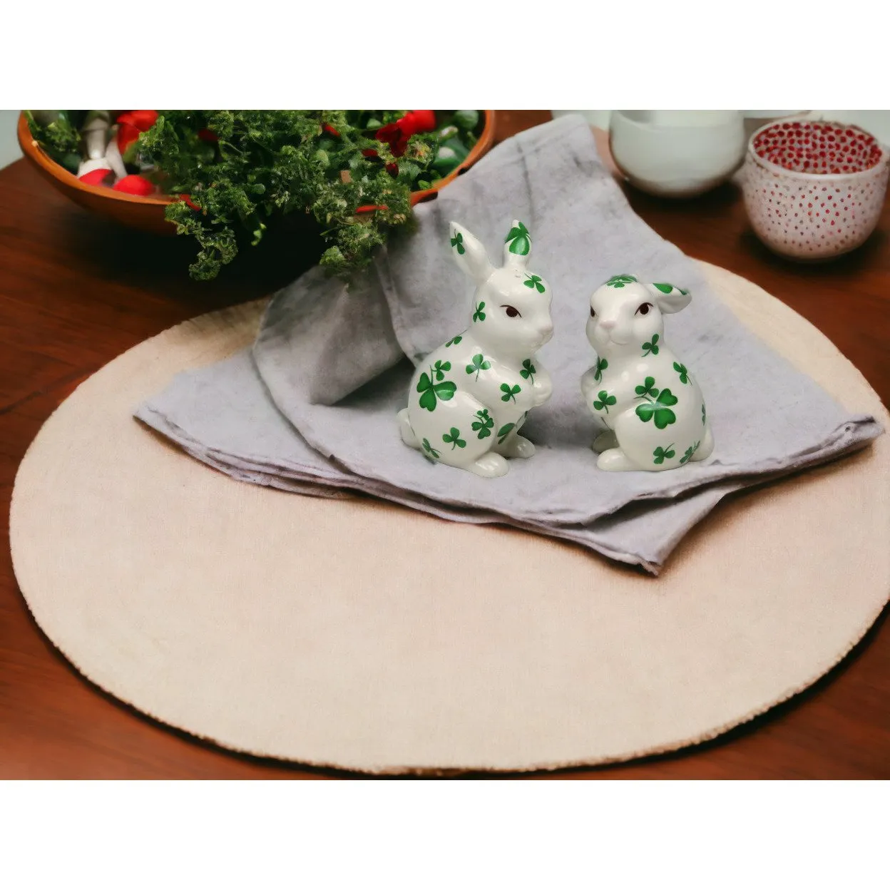 Ceramic Irish Easter Bunny Salt and Pepper Shakers Shamrock Pattern