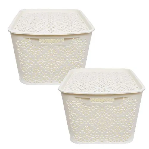 Cutting EDGE Plastic Storage Baskets Lidded Shelf Turkish Rack, Large Set of 2 with Lid for Storage Baskets for Fruit Vegetable Bathroom Stationary Home Basket with Handle (Cream, Large)