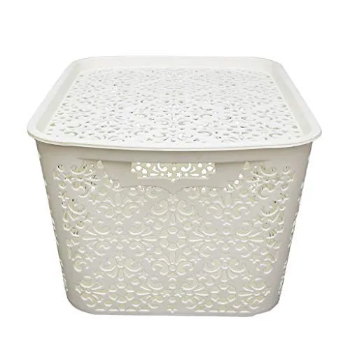 Cutting EDGE Plastic Storage Baskets Lidded Shelf Turkish Rack, Large Set of 2 with Lid for Storage Baskets for Fruit Vegetable Bathroom Stationary Home Basket with Handle (Cream, Large)