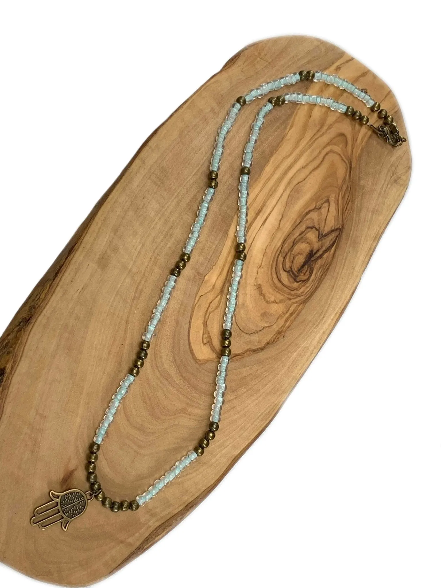 Dealla Handmade Beaded Necklace with Antique Bronze Hamsa