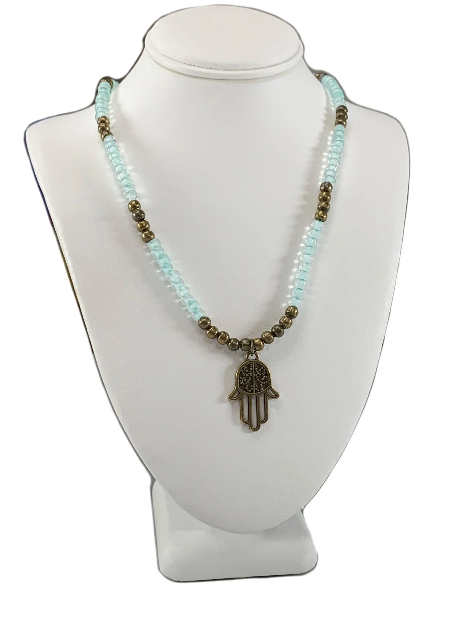 Dealla Handmade Beaded Necklace with Antique Bronze Hamsa