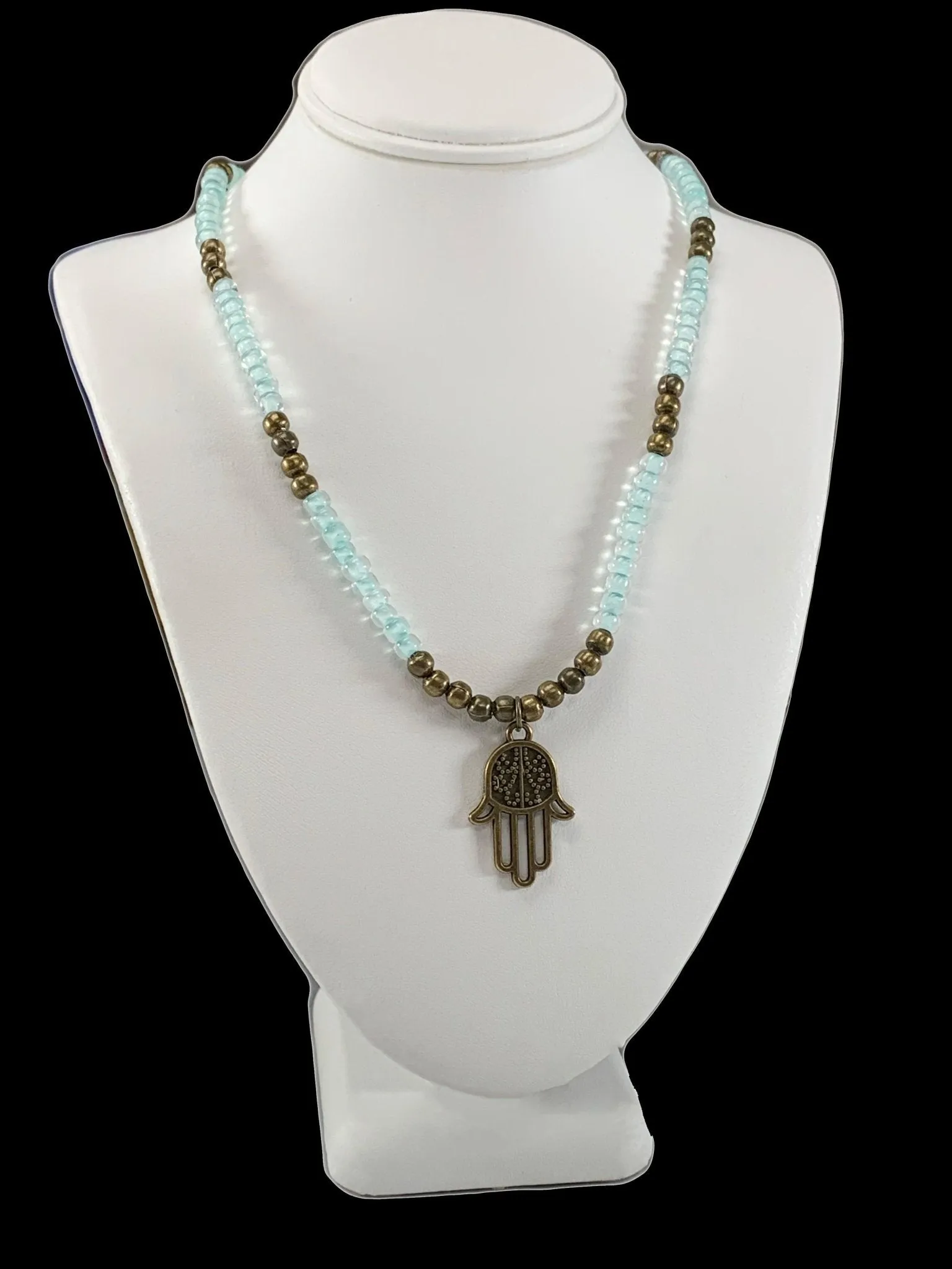 Dealla Handmade Beaded Necklace with Antique Bronze Hamsa