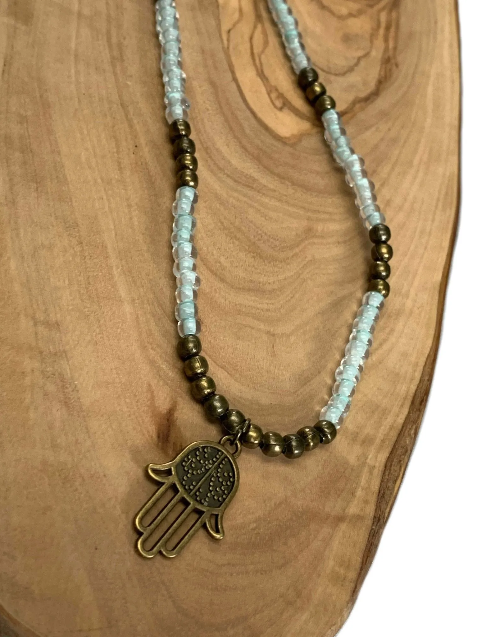 Dealla Handmade Beaded Necklace with Antique Bronze Hamsa