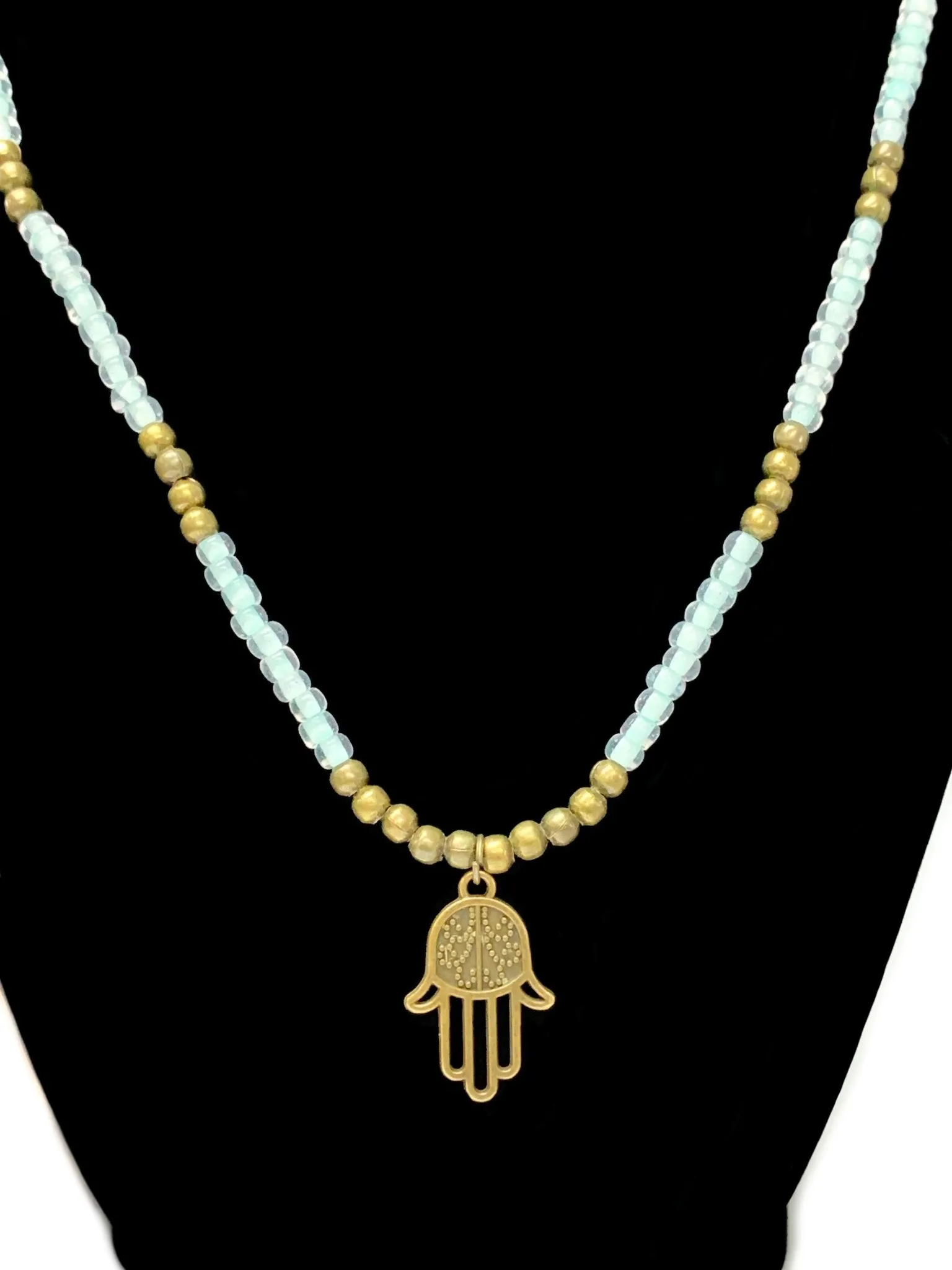Dealla Handmade Beaded Necklace with Antique Bronze Hamsa