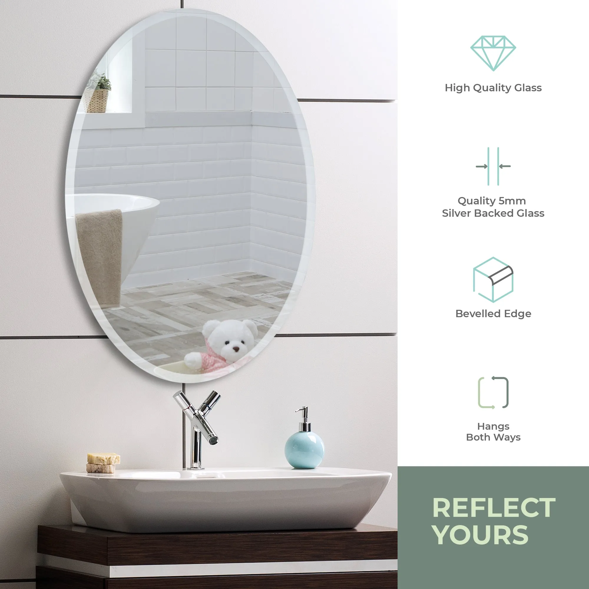 Diana Modern Oval Bathroom Wall Mirror 2 Sizes 50Hx40Wcm and 70Hx50Wcm