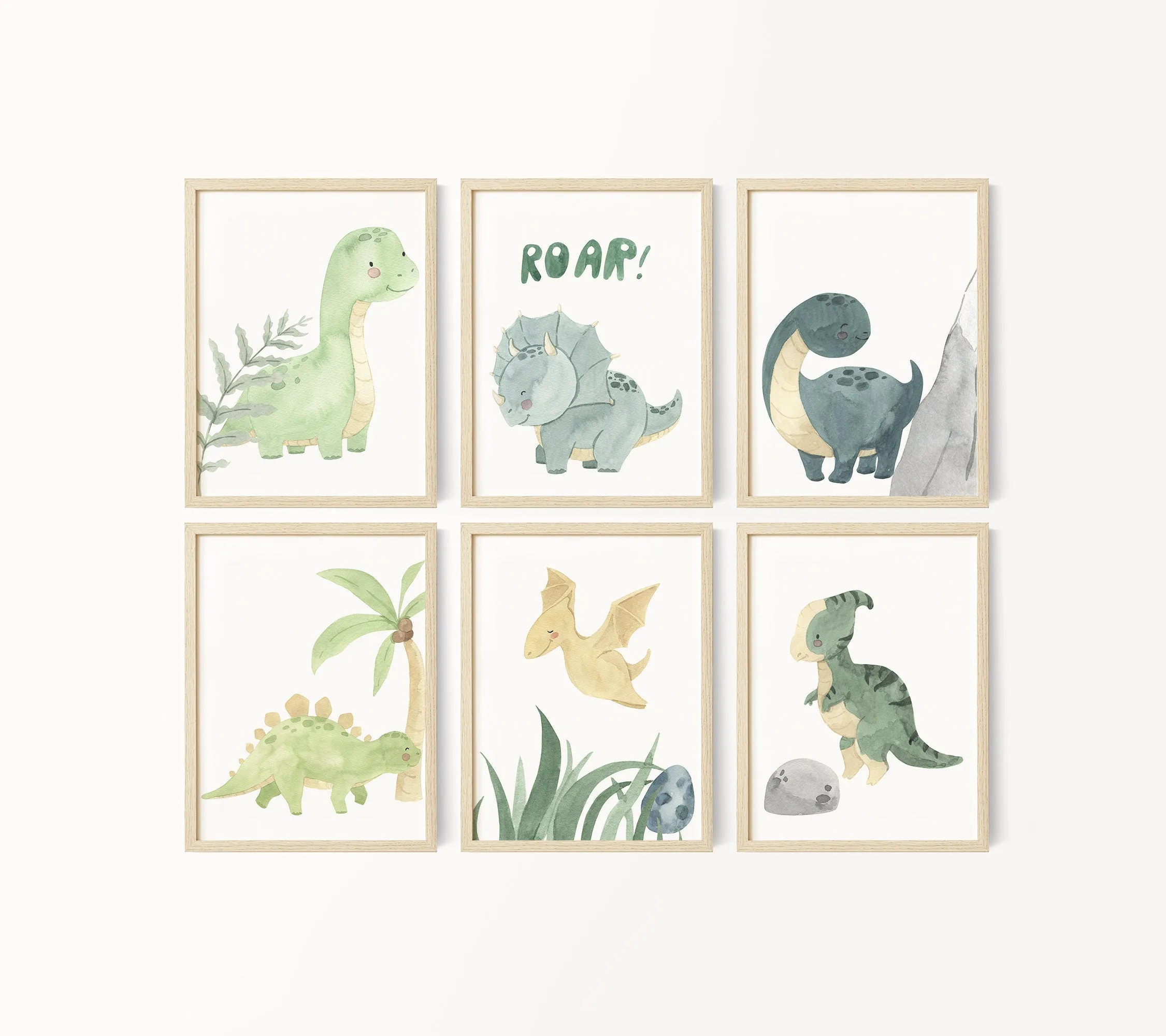 Dinosaur Set of 6 Nursery Art Prints, Boy Nursery Wall Art Blue Green, Dino Nursery Decor, Play Room, Boy Baby Ideas, Kids room, roar,087