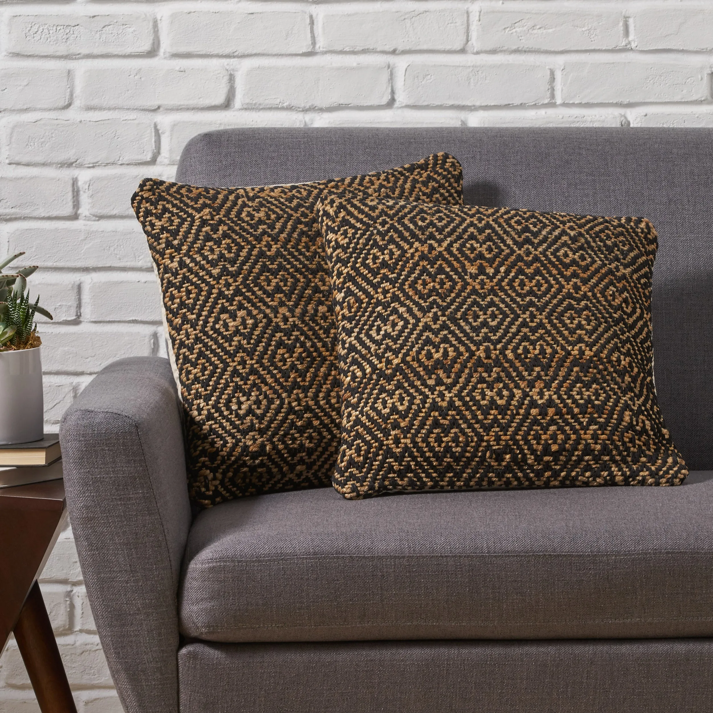 Elaine Boho Jute and Cotton Throw Pillow (Set of 2), Black