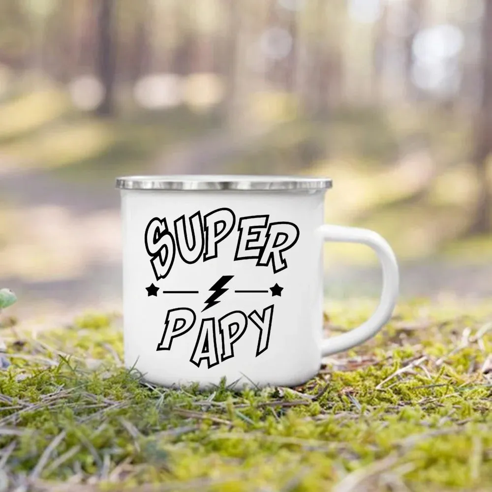 Enamel Mug Super Papy Mamie Print Coffee Cups For Milk, Drinks, Or Water That Make Great Gifts For Grandma And Grandpa