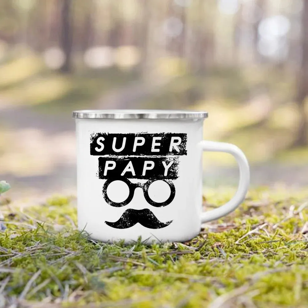 Enamel Mug Super Papy Mamie Print Coffee Cups For Milk, Drinks, Or Water That Make Great Gifts For Grandma And Grandpa