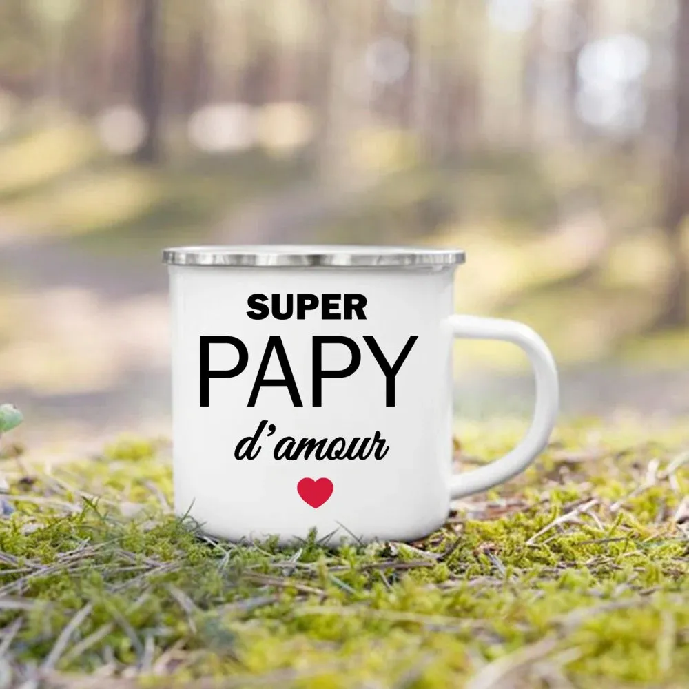 Enamel Mug Super Papy Mamie Print Coffee Cups For Milk, Drinks, Or Water That Make Great Gifts For Grandma And Grandpa