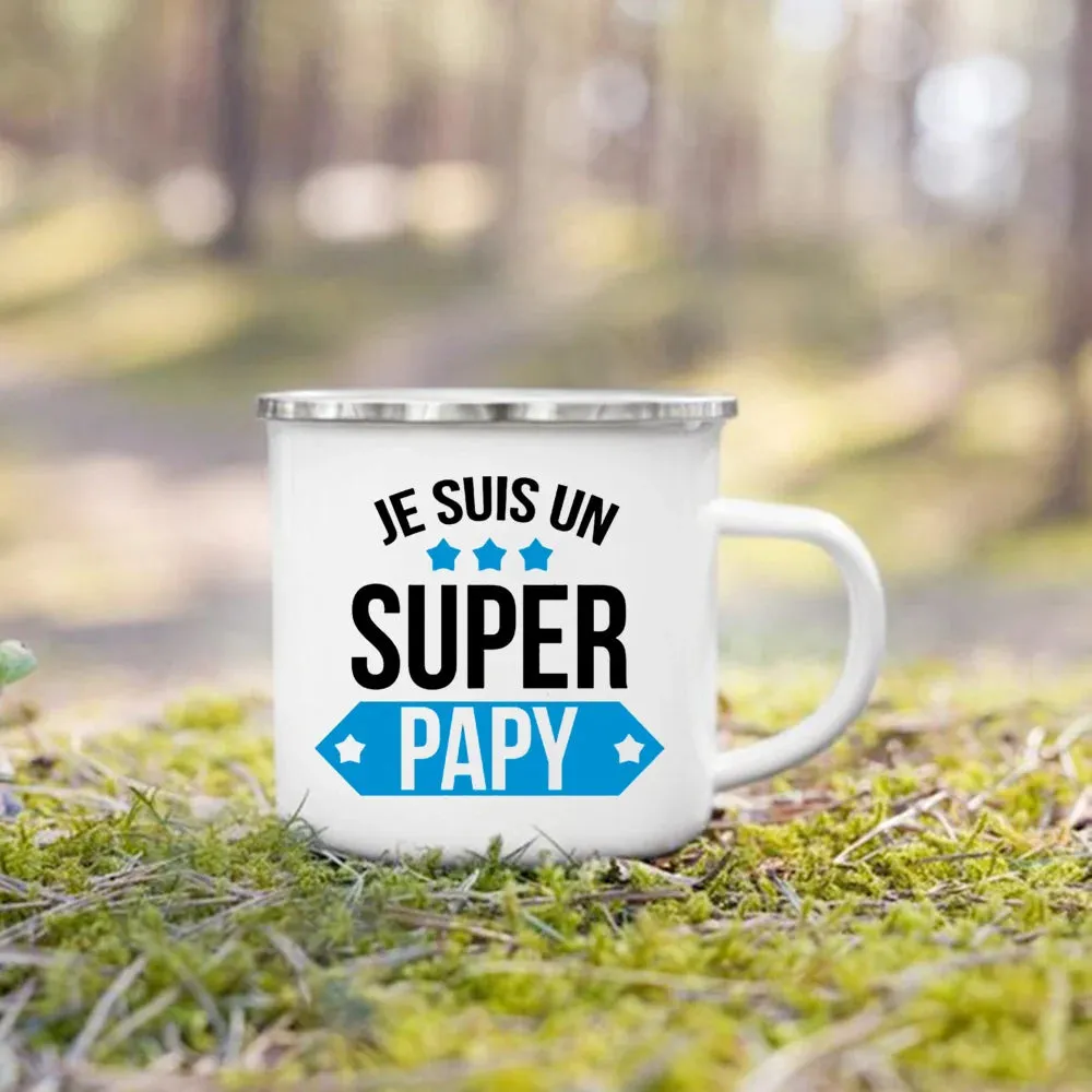 Enamel Mug Super Papy Mamie Print Coffee Cups For Milk, Drinks, Or Water That Make Great Gifts For Grandma And Grandpa